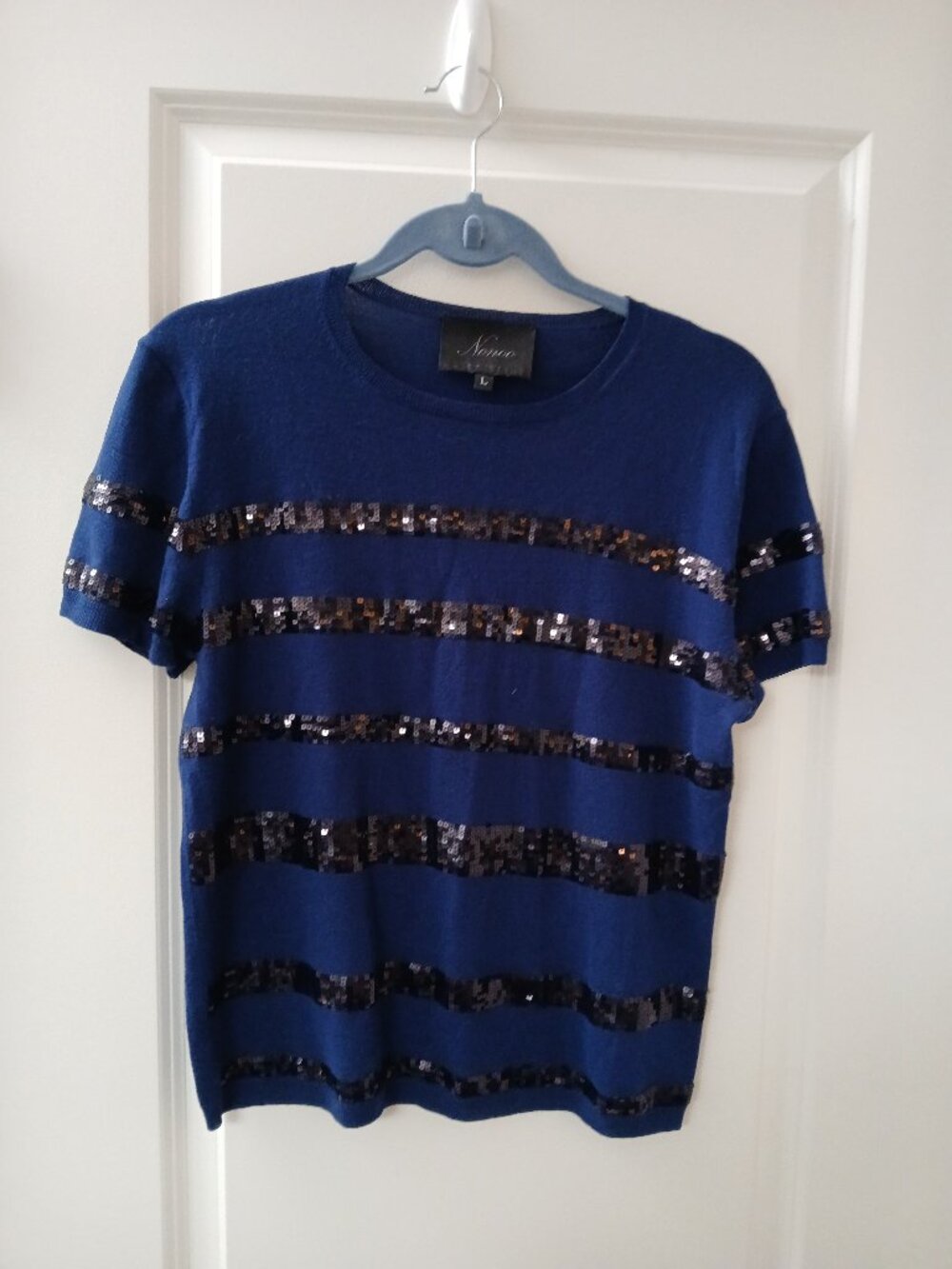 Nonoo Women's Navy Blue Sequin Striped Short Sleeve Sweater SZ L
